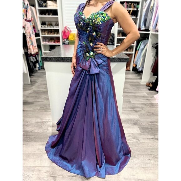 Precious Formals Purple Peacock Taffeta Y2K Formal Gown $420 - Picture 6 of 12